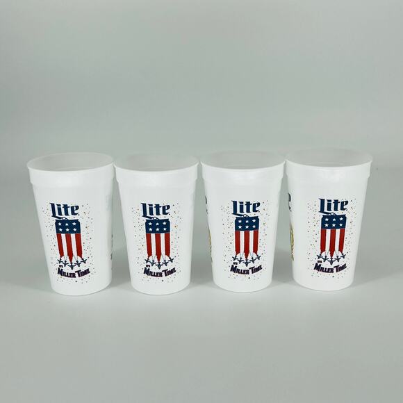 FOUR Reusable White Miller Lite Miller Time American Flag Plastic Cups - NWT - Picture 4 of 11